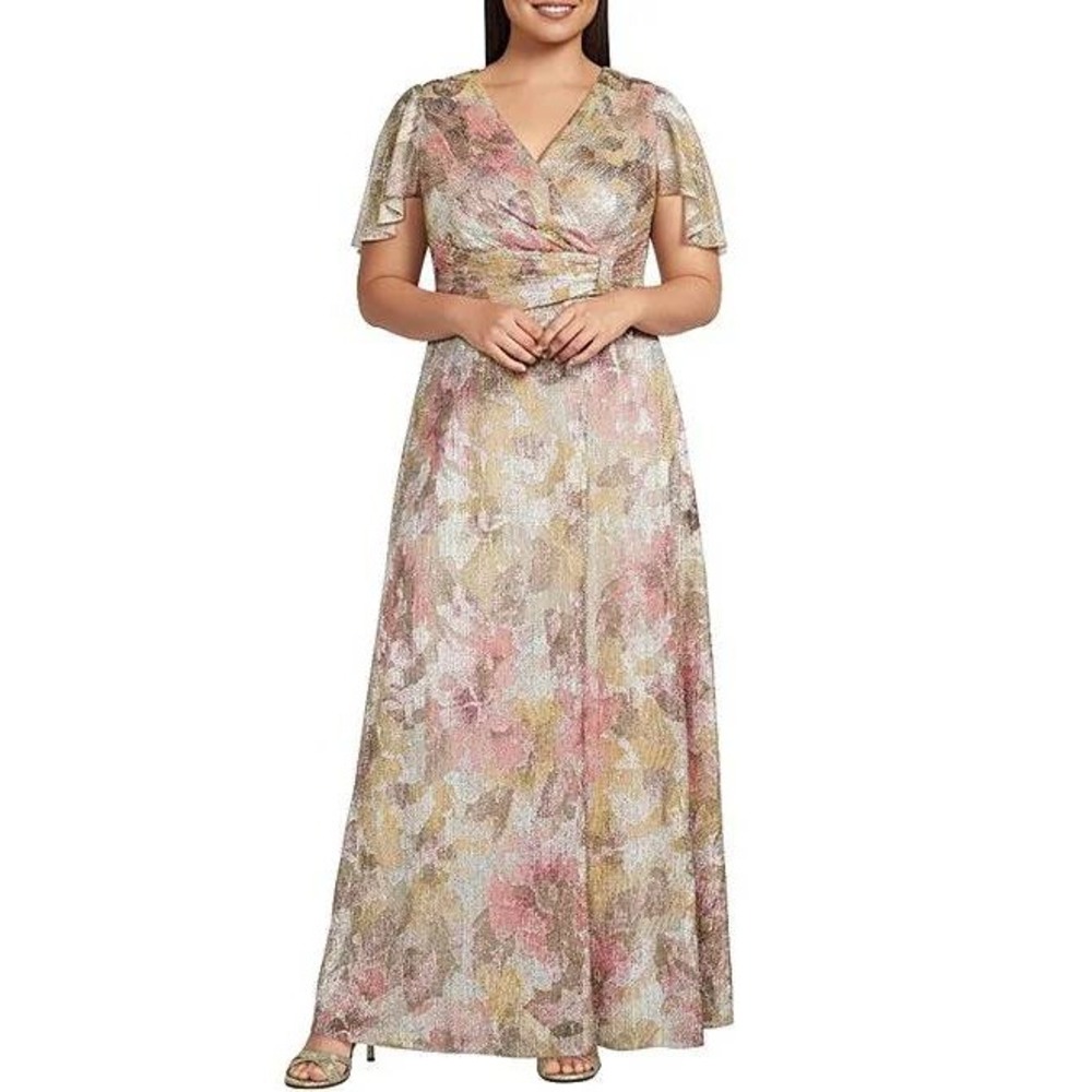 R&M Richards 16W Plus Foil Print Sheer Crinkle Knit Flutter Sleeve Gown Dress